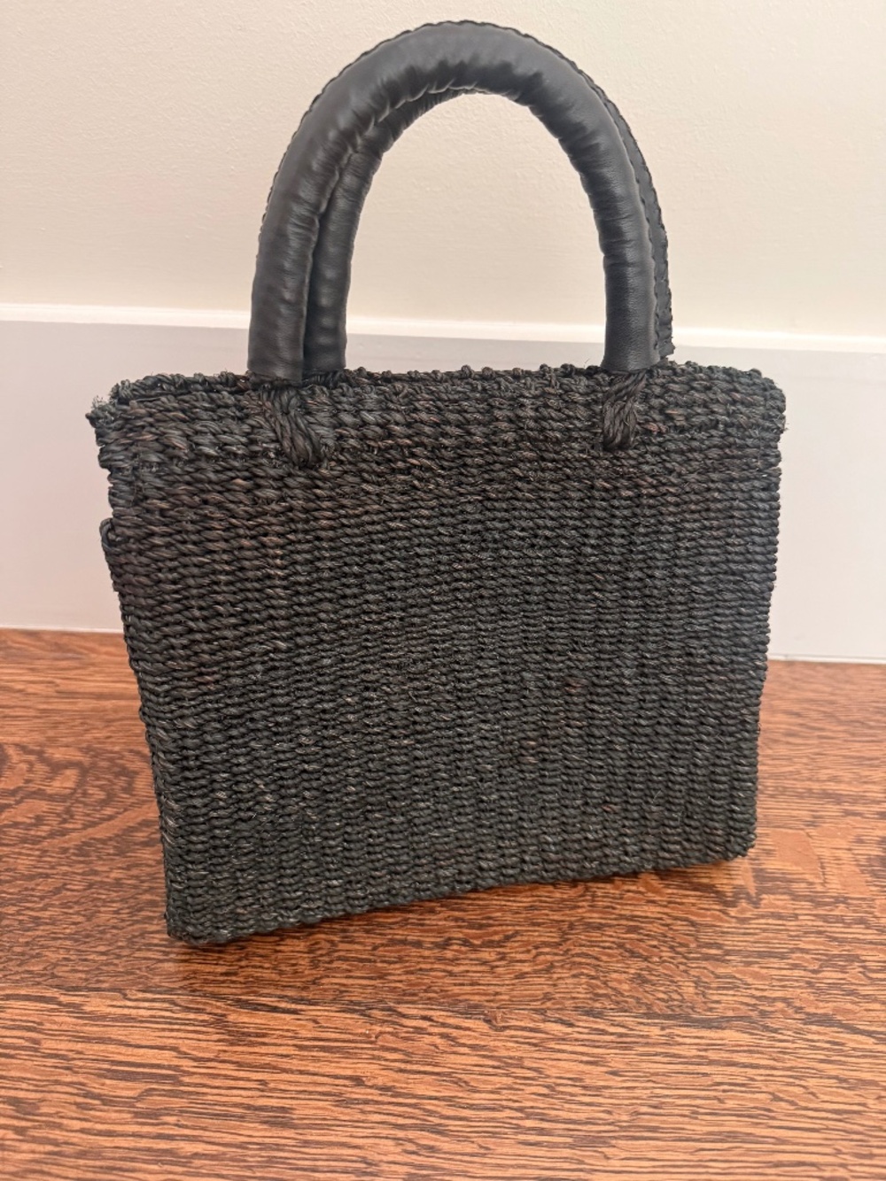 Kayu Woven Black Bag with Black Leather Handles
